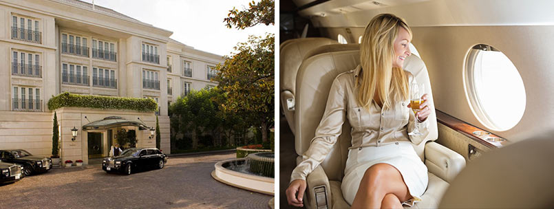 One photo of a Car pulling up in front of nice building, and another photo of Woman Smiling, drinking champagne, and looking out of airplane window